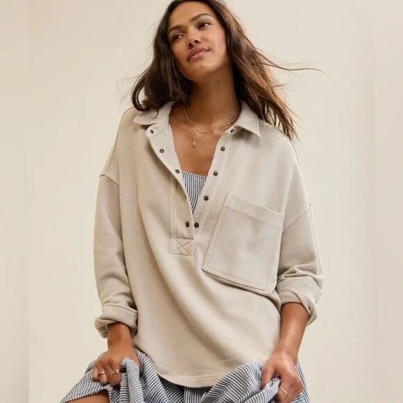 aerie Tops - Aerie Chorewear Long Sleeve Popover Oversized 1/2 Snap Sweatshirt Tan Beige S